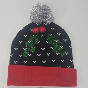 Ugly Christmas Beanie Hat Black Red Pom Pom Holly Berries Sparkle Festive Winter